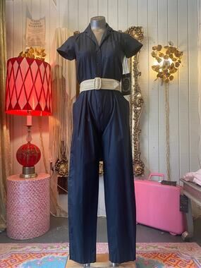 vintage 1970s black cotton jumpsuit, foxy lady, 70s fashion, pantsuit, small 26